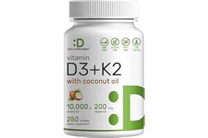 DEAL SUPPLEMENT Vitamin D3 10,000 IU + K2 MK7 200mcg Softgels, 250 Count | 2-in-1 Complex with Virgin Coconut Oil | Supports Heart, Bone, Teeth & Immune Health* | Easy to Swallow