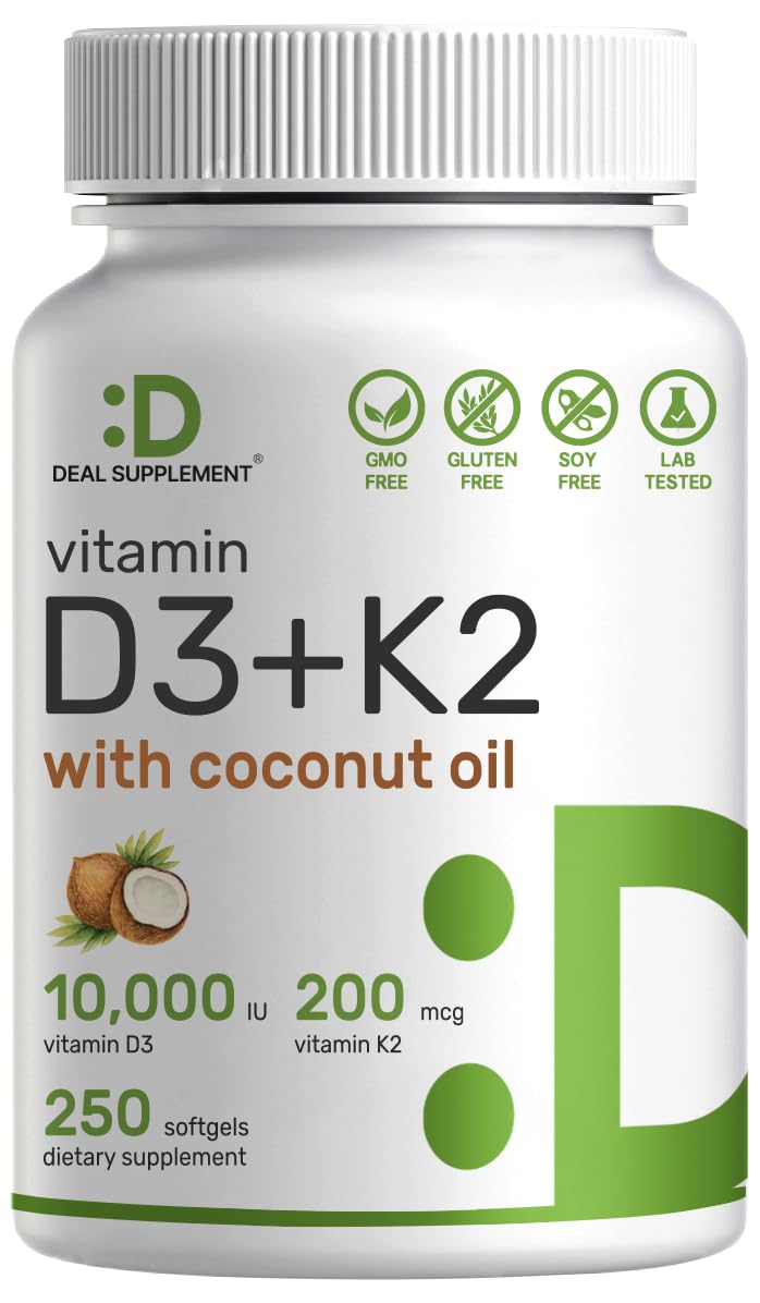 DEAL SUPPLEMENT Vitamin D3 10,000 IU + K2 MK7 200mcg Softgels, 250 Count | 2-in-1 Complex with Virgin Coconut Oil | Supports Heart, Bone, Teeth & Immune Health | Easy to Swallow