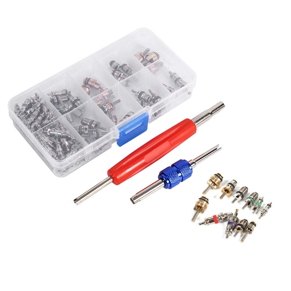 102pcs Universal Air Conditioning Valve Core, A/C Accessories R134a / R12 Assortment Tool Kit for Removing Valve Stems