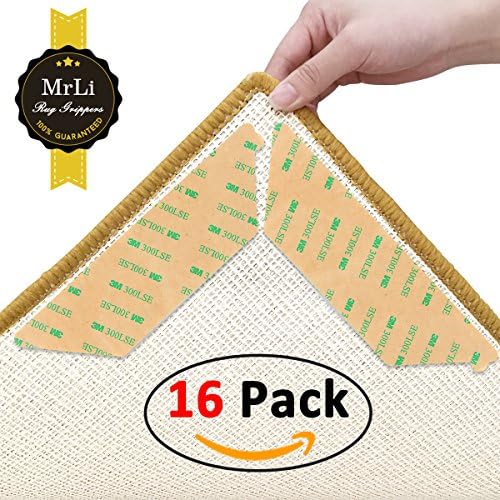 MRLI Rug Grippers, Carpet Gripper Area Rug Gripper Anti Curling Rug Gripper for Corners and Edges Strong Sticky Double Sided Carpet Tape Ideal Rug Stopper For Kitchen Bathroom 16 pcs
