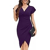 ZonJie Women's Sexy V Neck Ruffle Sleeve Faux Wrap Ruched Bodycon Dress Cocktail Party Work Wedding Guest Dresse