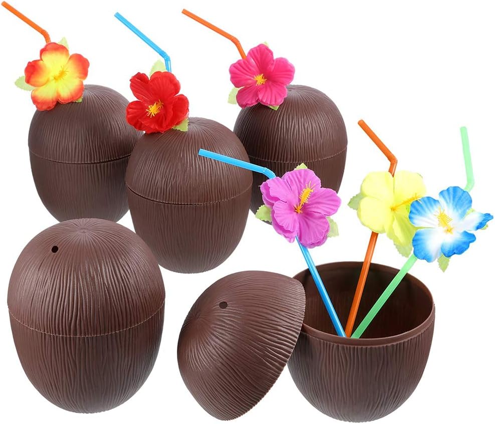Doolland 6 Pack Coconut Cups for Hawaiian Kids Party with Hibiscus