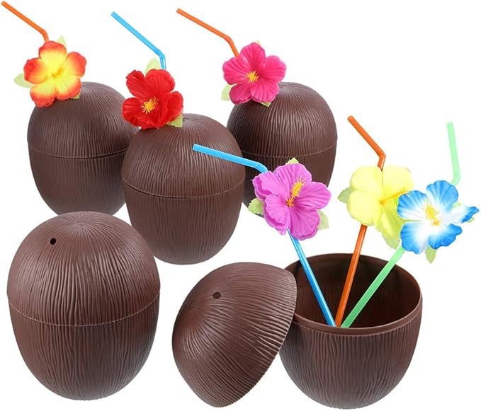 Doolland 6 Pack Coconut Cups for Hawaiian Kids Party with Hibiscus