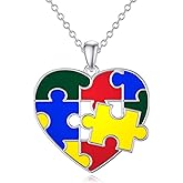 LONAGO Autism Awareness Ribbon Necklace 925 Sterling Silver Gifts for Autistic Colorful Puzzle Piece Pendant Jewelry for Women