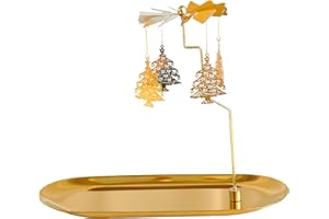 Creahaus Spinning Candle Holder with Tray, Glod Carousel Candle Spinner, Rotating Metal Tea Light Candle Holder for Table Centerpiece, Christmas, Valentine's Day, Party Decor, Gift (Christmas Tree)