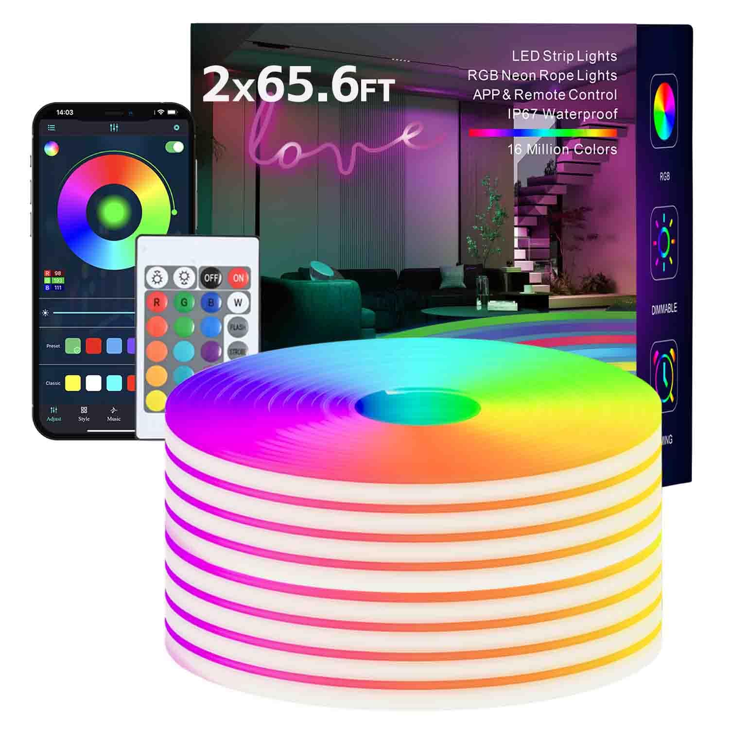 Photo 1 of TFZBA Led Strip Lights, RGB 130FT (2 Rolls of 65ft) Neon Rope Lights for Bedroom App+Remote Control Music Sync Color Changing Outdoor IP67 Waterproof for Bedroom,Living,Gaming,Party Decoration