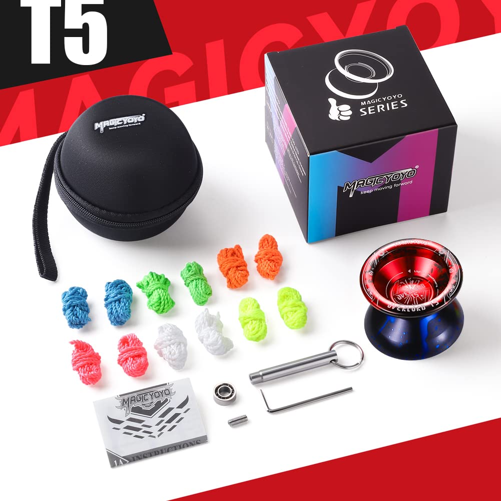 MAGICYOYO Professional Unresponsive Yoyo T5 Overlord, Dual Function Yo Yo Pro Alloy Yoyo Metal Bind Return Trick Yoyo, Flat Bearing + Bearing Remover Tool + Axle + Yoyo Storage Bag + 12 Yoyo Strings
