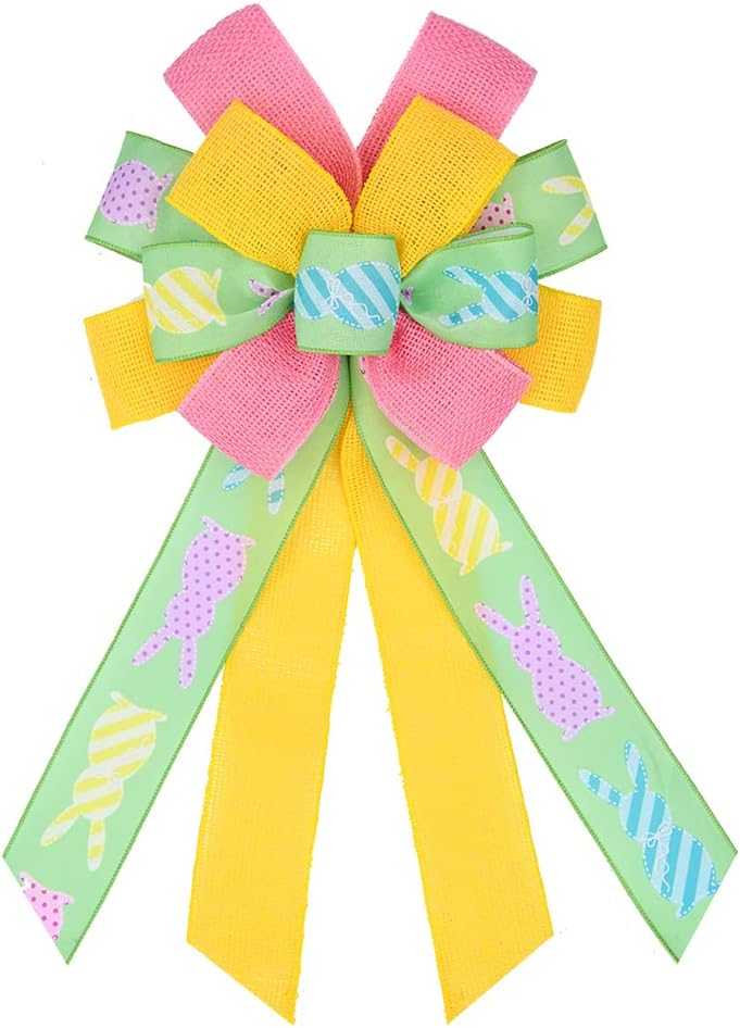 Bows & Ribbons - Happy Easter Large Wreath Bows for Front Door Decorations, Pink Yellow Holiday Bow Green Easter Bunny Bows for Wreath Door Wall Indoor Outdoor Decor