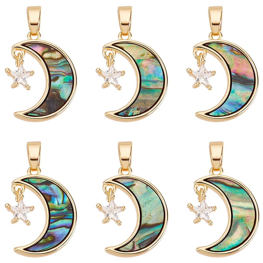 Beebeecraft 1 Box 6Pcs Moon with Star Charms 18K Gold Plated Brass Cubic Zirconia Colorful Dangle Crescent Charms for DIY Earring Necklace Bracelet Jewellery Making