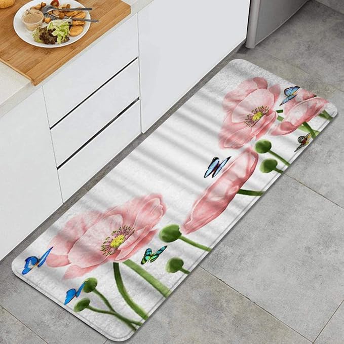 MIGAGA Kitchen Rug Cushioned Floor Mat,Floral Blooming Poppy Flower and