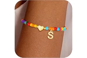Eaciy Colorful Initial Bracelets for Women Girls - Trendy Beaded Heart Initial Bracelet Teen Girl Gifts Trendy Stuff Bohemian Gold Letter Bracelet Personalized Gifts for Women Girls Jewelry