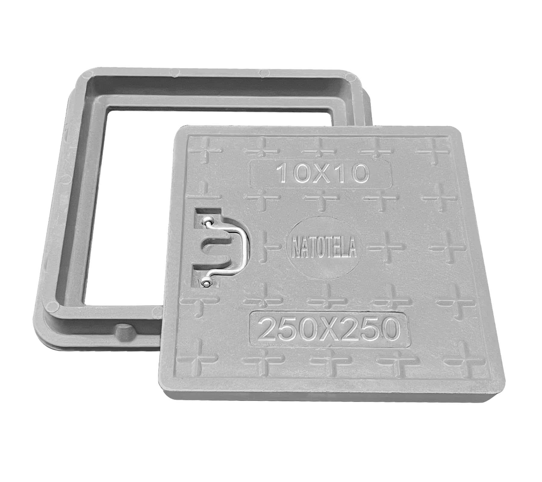 NATOTELA Manhole Cover and Frame Fiberglass-300x300mm Square Septic Tank Lid Access Inspection Cover Reinforced Steel Embedded Sewer with Handle Non-slip Solid for Patios Pavement Basement Gray