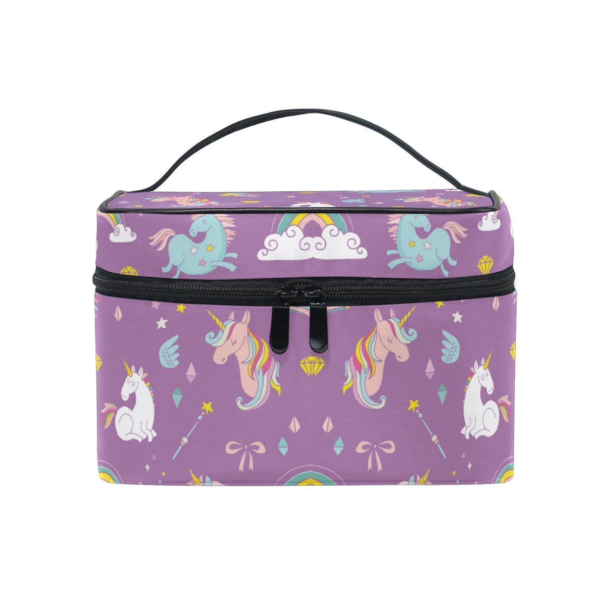 Makeup Bag, Unicorn Pattern Printed Cosmetic Toiletry Storage Large Travel Handle Personalised Pouch with Compartments for Teenage Girl Women Lady Purple