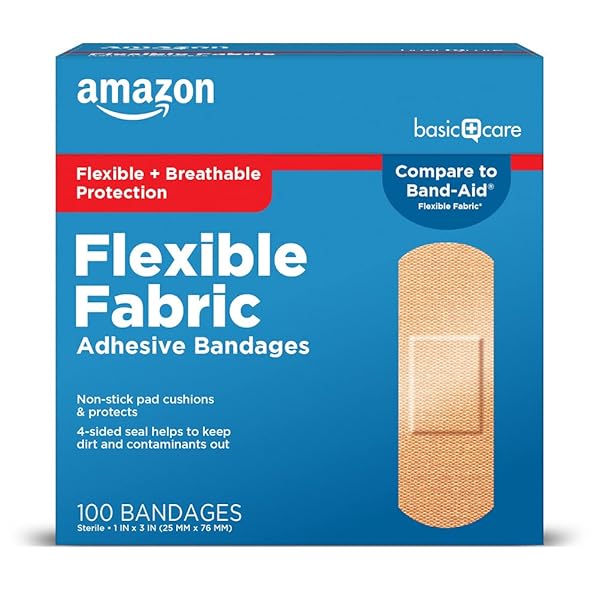 AMAZON BASIC CARE FLEXIBLE FABRIC ADHESIVE BANDAGES, FIRST AID AND WOUND CARE SUPPLIES, ALL-ONE SIZE, 100 COUNT