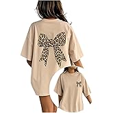 RoseSeek Girl's Bow Leopard Graphic Tees Short Sleeve Preppy Summer T Shirt Aesthetic Baggy Tops