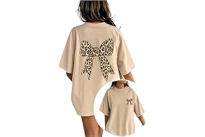 RoseSeek Girl's Bow Leopard Graphic Tees Short Sleeve Preppy Summer T Shirt Aesthetic Baggy Tops