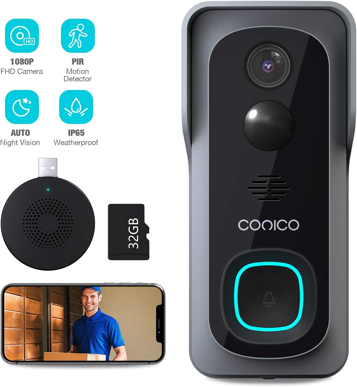 IP Camera Doorbell WiFi with Motion Detector Waterproof 1080P HD