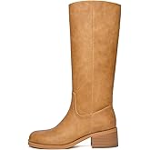 SUIARA Knee High Boots Women Square Toe Chunky Block Heel Banana Campus Boot Wide Calf Comfortable Low Heel Riding Long Boots