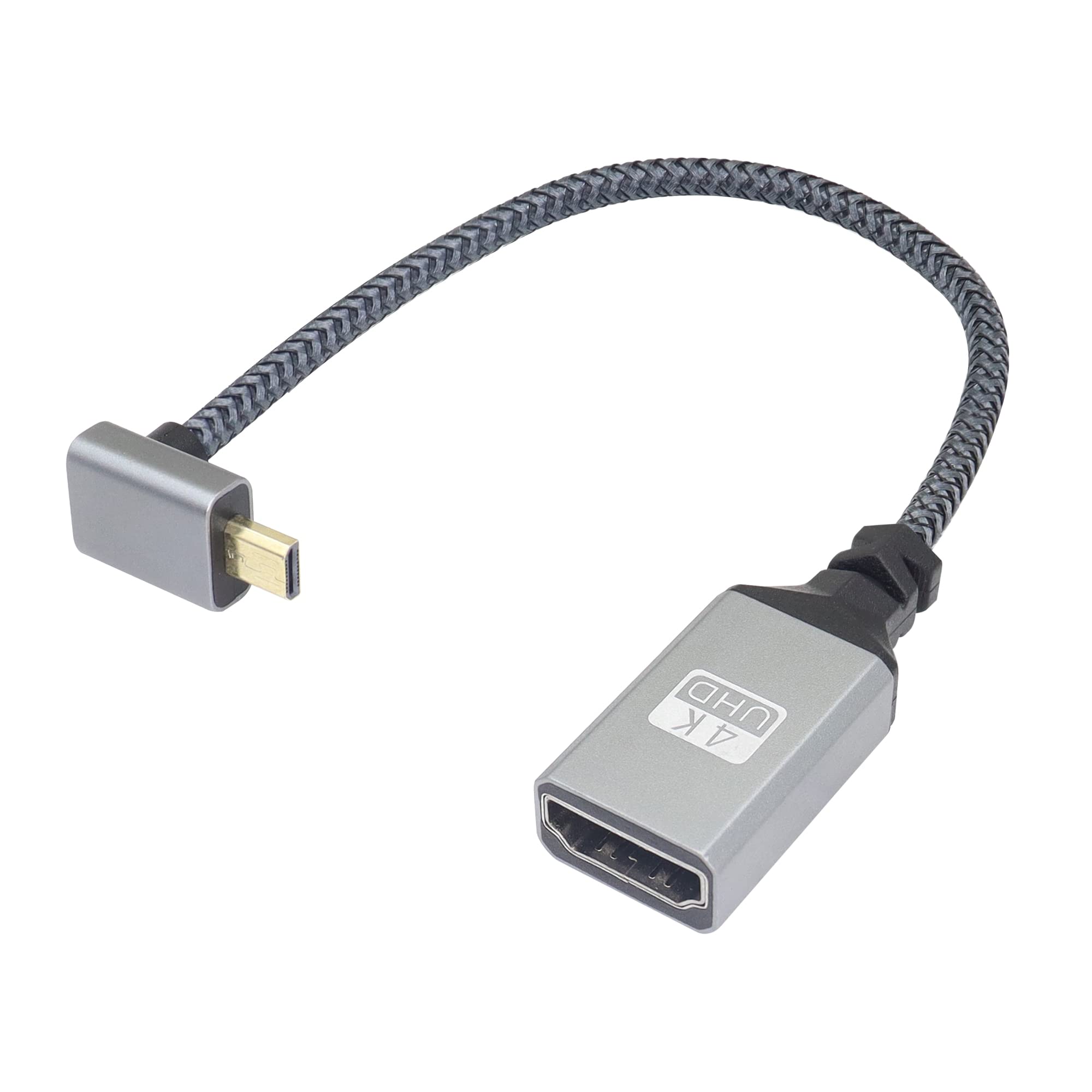 RIIEYOCA 4K Micro HDTV to HDTV Adapter Cable,90 Degree Up Angle Micro Maleto Female Aluminum Short Nylon Braided Cord Support 4K UHD,for Laptop,Projector,TV,Monitor(20cm)