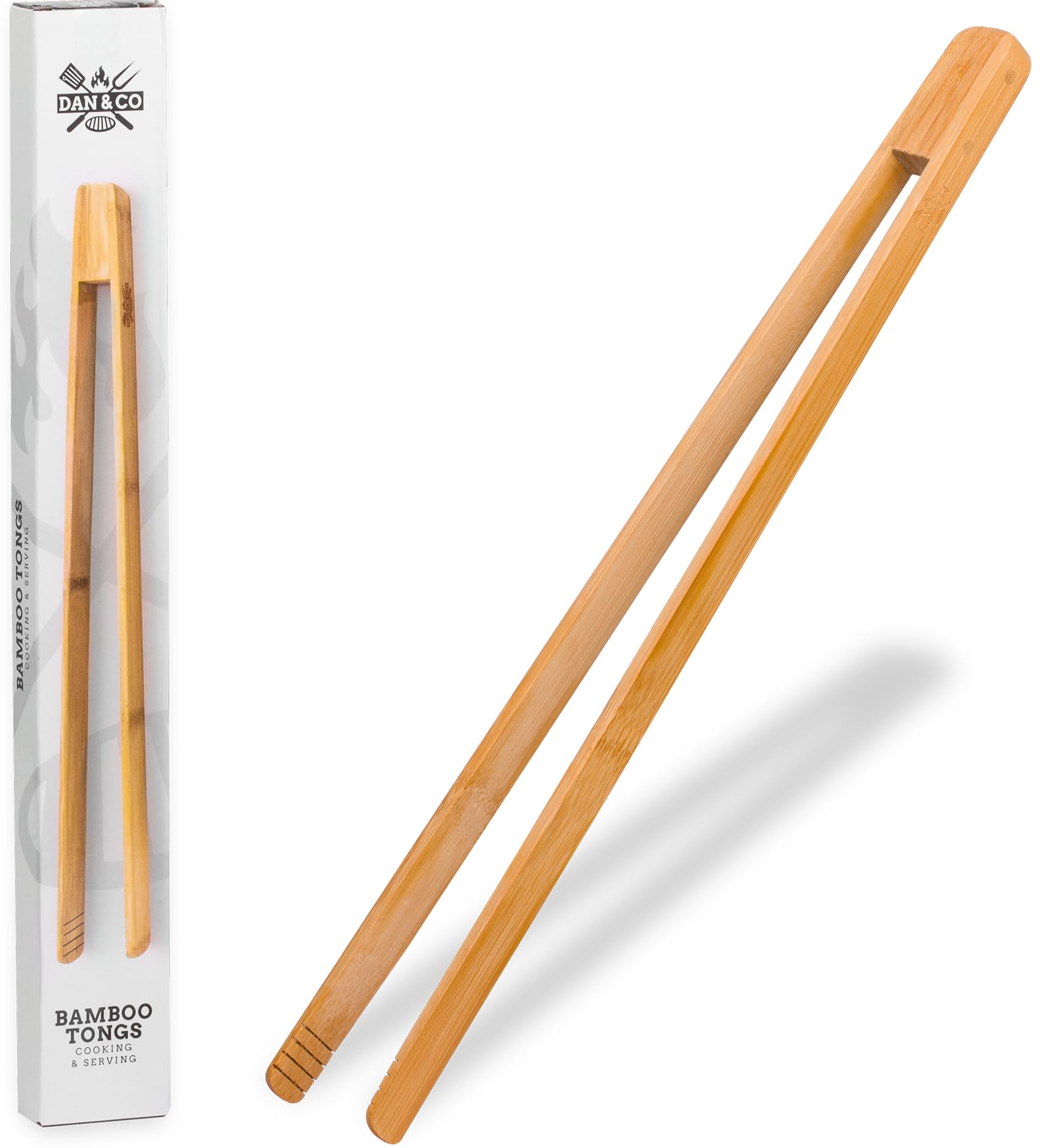 Dan&Co 45cm Long Wooden Tongs for Cooking | Heat Resistant, Non Stick, Comfortable Grip, Natural Bamboo Tongs for the Kitchen, BBQ Serving, Grilling, Frying, Toast, Toaster, Salads