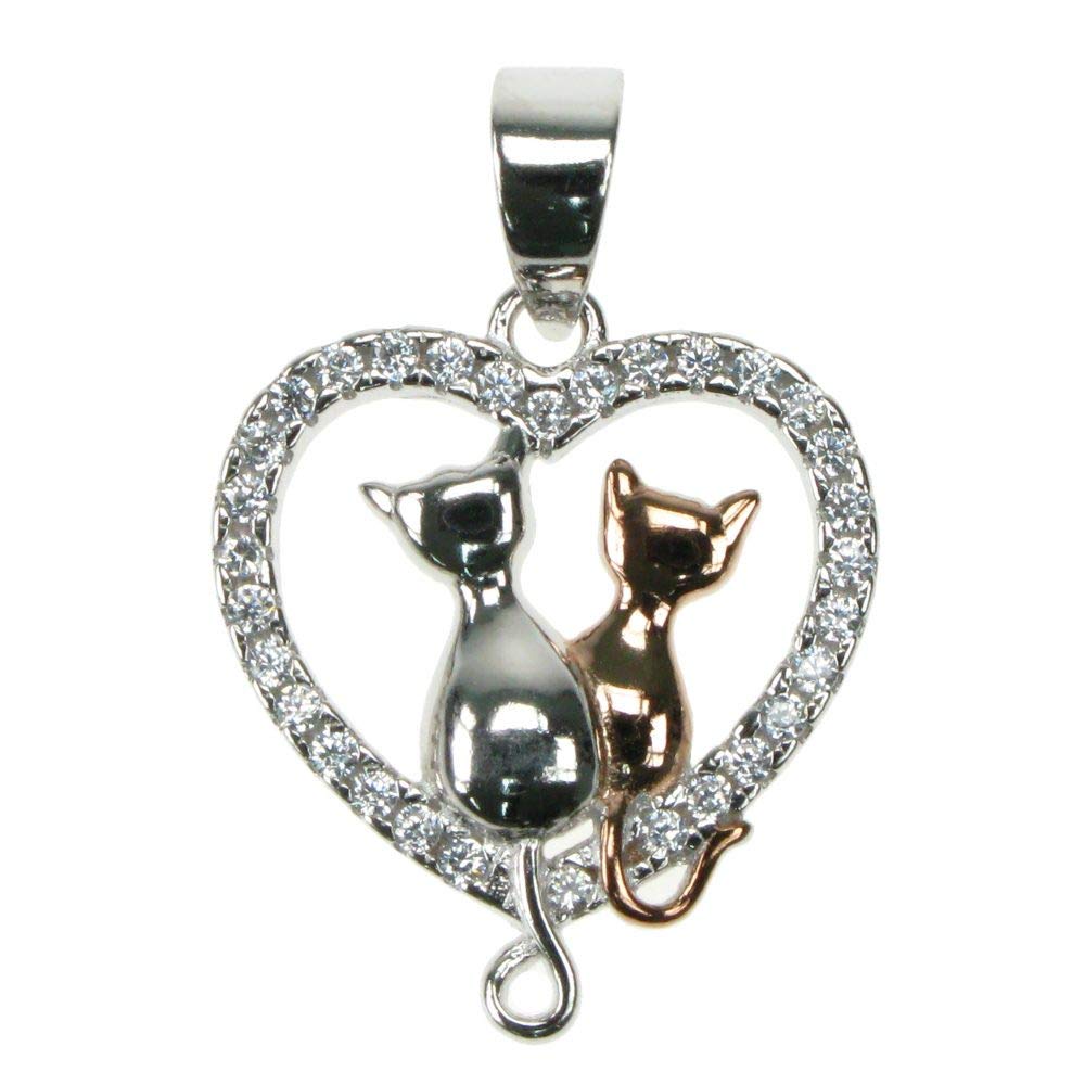 Two Cats Sitting Upon Heart - 925 Sterling Silver with Rose Gold Plate Detail and Crystal Cubic Zirconia Surround - Pendant with 18" Chain - Gift Boxed
