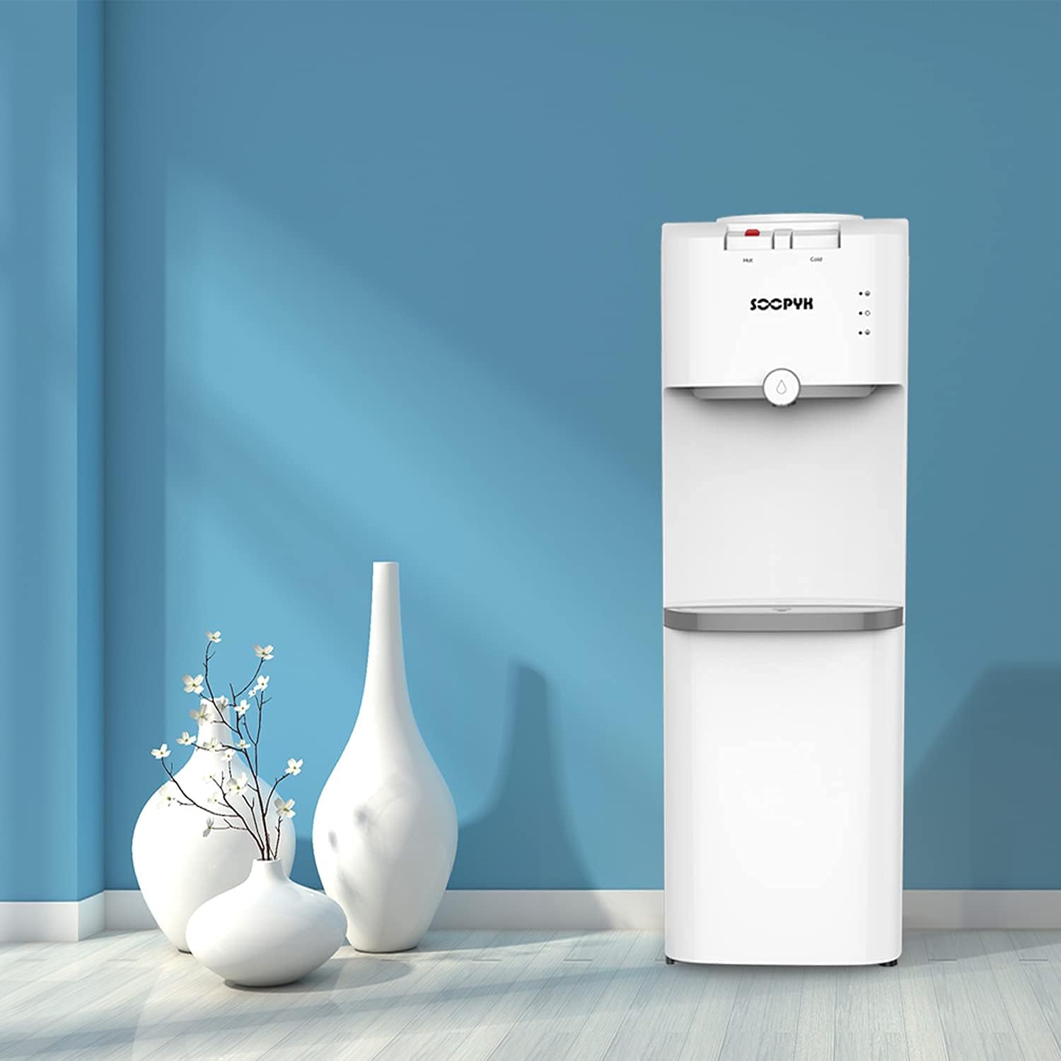 SOOPYK Top Loading Water Dispenser Water Cooler 5 Gallon Hot and Cold Water Dispenser | Child Safety Lock and Storage Cabinet for Home Office Use, White: Kitchen & Dining
