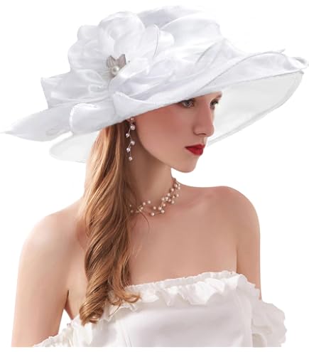 5964 Organza Church Wedding Hat Bow Flower Fascinator Hairpin Wide Brim Sun womens organza sun hat wide brim bucket cap flower wedding  main image 4