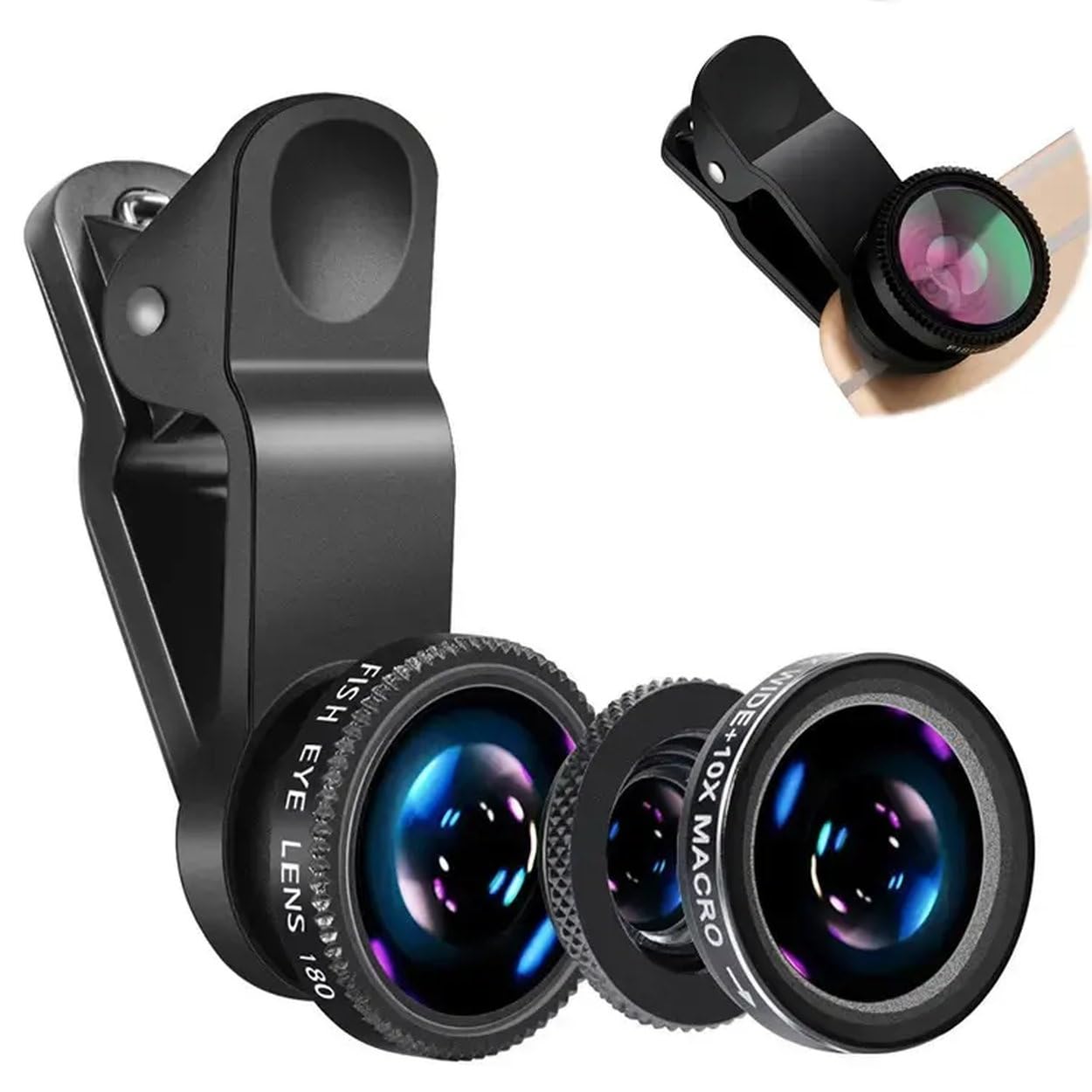 Light box 3 in 1 mobile phone lens set, clip-on camera adapter for smartphones fisheye lens (180° fisheye lens) + wide angle (0.67x wide) + macro lens (10x) suitable for all mobile phones (black)