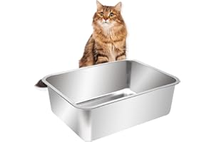 Kichwit Extra Large Stainless Steel Open Cat Litter Box with High Sides, Metal Litter Pan for Cat, 23.6 x 15.7 x 5.9 Inches