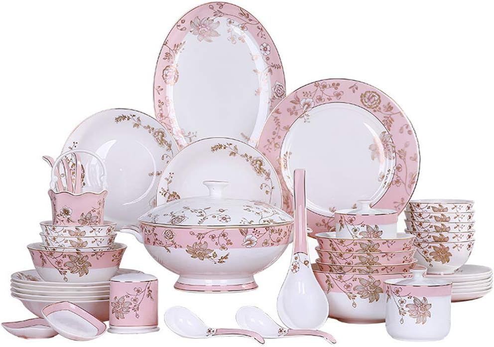 WLNKJ Ceramics Dinnerware Set with 42 Pieces,Bowl/Dish/Soup Pot/Spoon|Bone China Dinner Sets,Pink Gold Flower Pattern Porcelain Combination Set