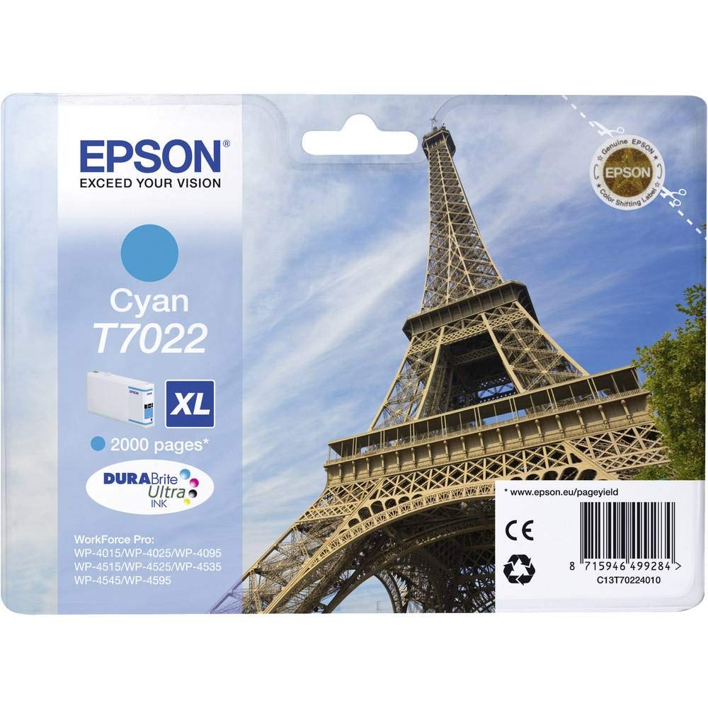 Epson T7022 Eiffel Cyan Genuine, XL High Yield Ink Cartridge DuraBrite Ultra