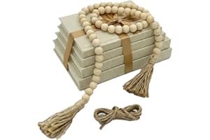 Decorative Books for Home Decor-Set of 4 Real Linen Hardcover Books with Blank Pages, Stacked Books with Wood Bead Garland, J