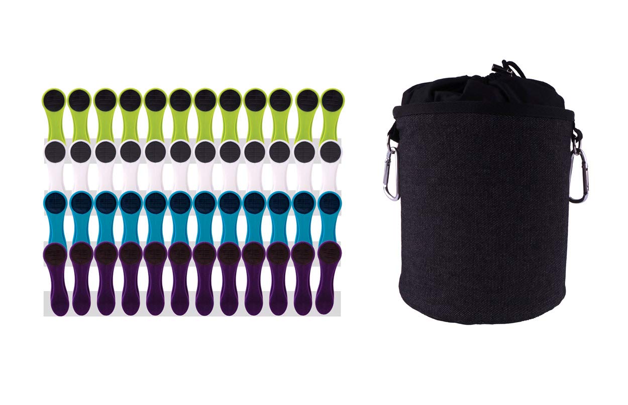 48 Clothes Pegs with Soft Grip and 1 Clothes Peg Bag - 12 x White, 12 x Blue, 12 x Green, 12 x Purple, 1 x Black Bag