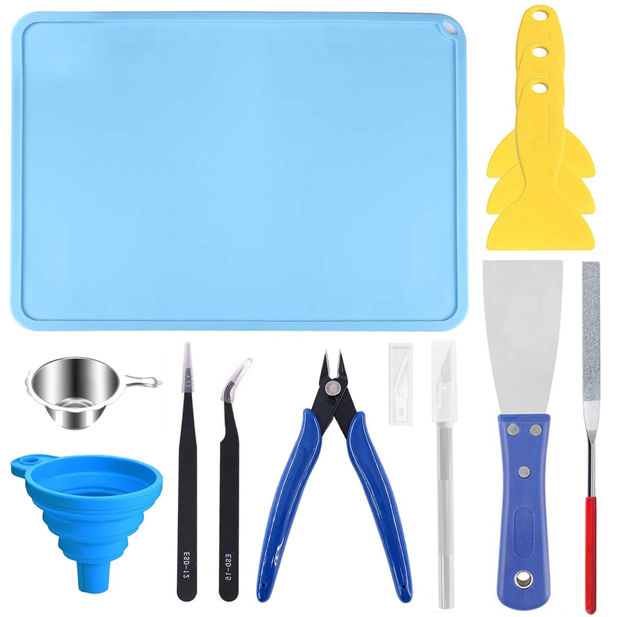 Youmile Resin 3D Printer Tool Kit Clean Basic Tools With Plier, File, Tweezer, Trimmer Pen, Resin Filter, Scraper, Plastic Remove Tool, Silicone Mat For SLA DLP LCD 3D Printer Accessories