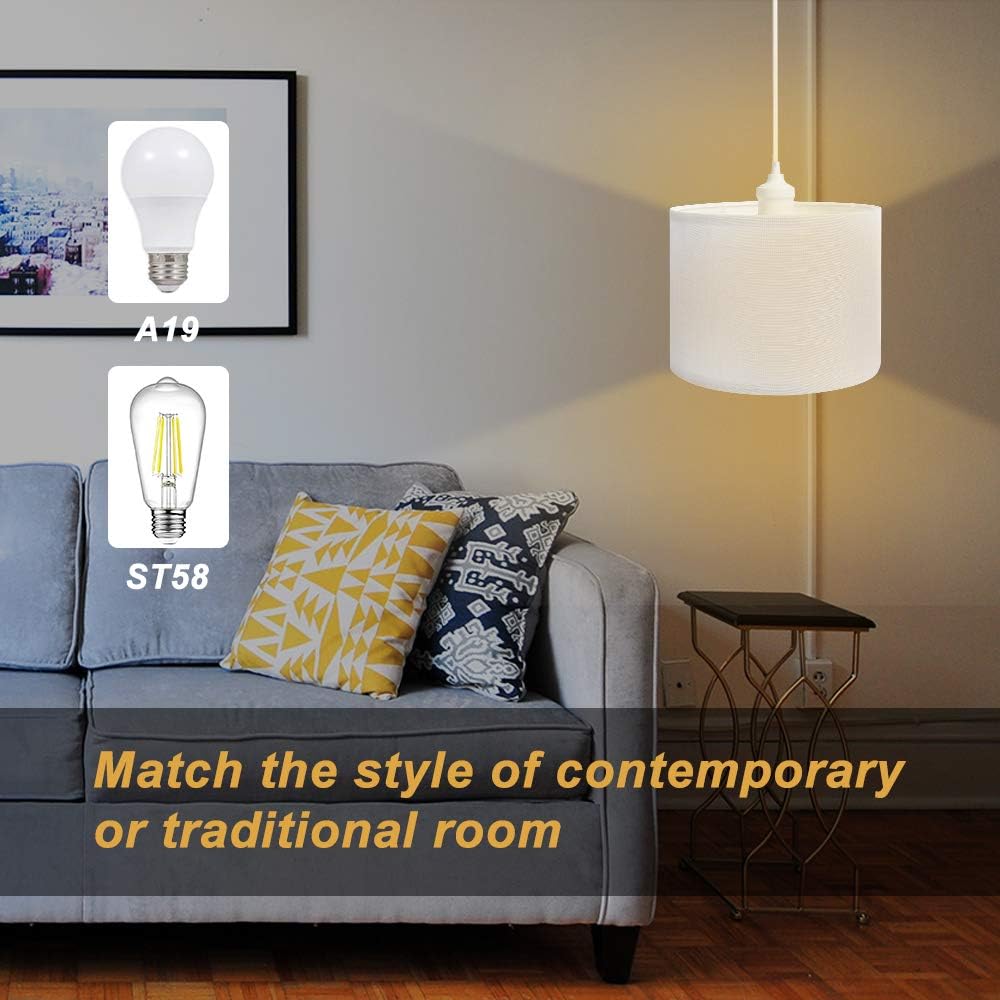 QITIM 2 Pack Plug in Pendant Light Indoor, White Linen Shade Hanging Light Fixture for Kitchen, Living Room, Dining Table, 15FT Clear Cord with On/Off Switch, E26 Socket - - 