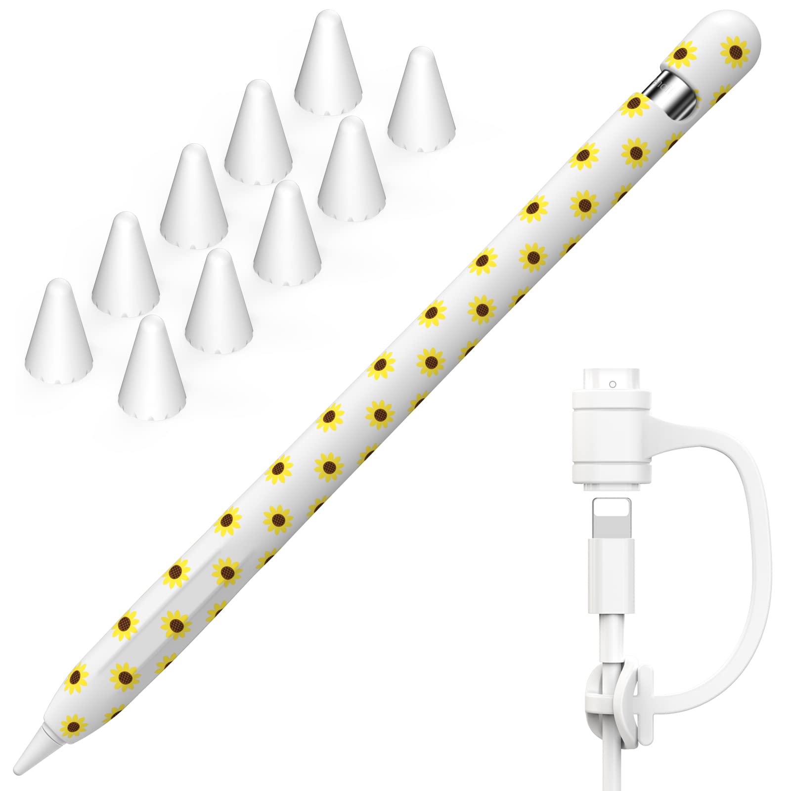 NIUTRENDZ Sunflower Case for Apple Pencil 1st Generation Case Cover Silicone Protective Sleeve Accessories with Apple Pencil Tips Cover & Cable Adapter Tether (White)