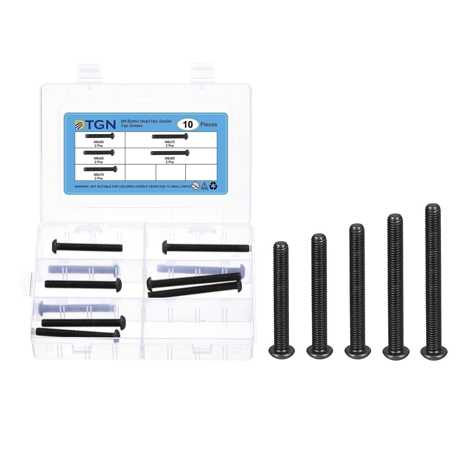 DTGN 10Pcs M8 Button Head Socket Cap Screws Kit - 60/65/70/75/80mm Carbon Steel Black Oxide Full Thread Hex Socket Cap Screw Assortment - Good for Machine, Furniture Repairing