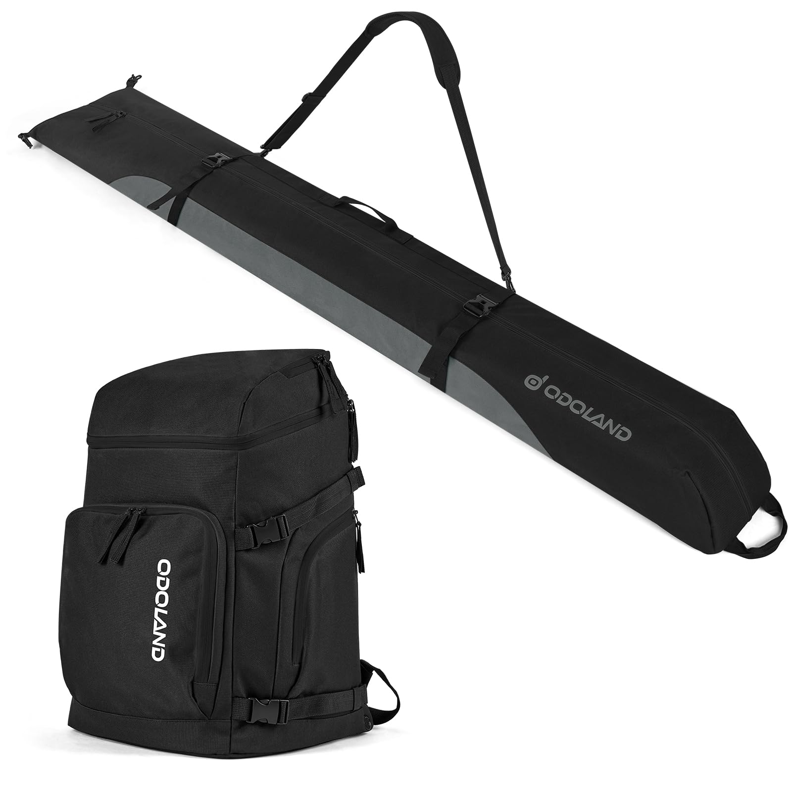Odoland Ski Bag and Boot Bag Combo, Padded Ski Bags for Air Travel, Snow Ski bags Fit Ski Up to 200cm, Waterproof Double Bag for Storage, Transport Ski Gear, Black & Grey