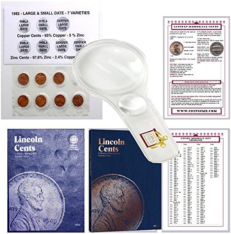 Lincoln Penny Starter Collection Kit, with 1982 Varieties, Whitman [9033] Lincoln Cent Folder Vol. 3, [4004] Folder Vol. 4, Magnifier & Checklist, (5 Items) Great Start for Beginner Collectors