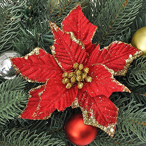 ornerx 6" Glitter Poinsettia Flower Christmas Tree Ornament Red 8 Pcs