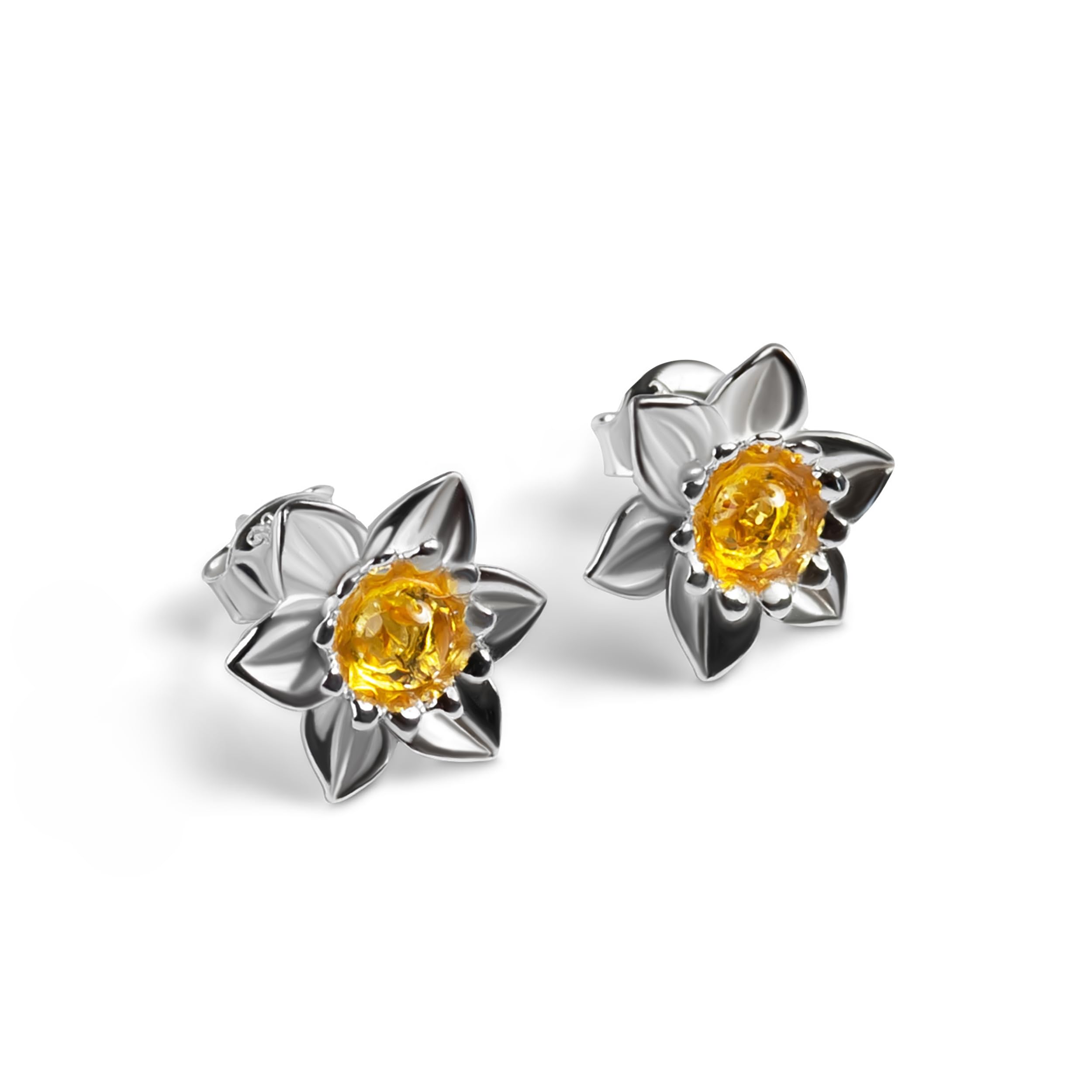 HENRYKA Daffodil Flower Stud Earrings - 925 Solid Sterling Silver & Baltic Amber | Welsh & Spring Floral Symbolism | Bridesmaid Accessory | 10 mm x 10 mm | Pair With Any Outfit — image 1