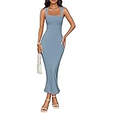 ZESICA Women's Summer Bodycon Midi Dress Sleeveless Square Neck Slim Fit Back Slit Long Cocktail Party Dresses