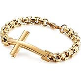Raymard Mens Christian Cross 316L Stainless Steel Chain Bracelet, 8.7" Link Bracelet for Men with Lobster Clasp