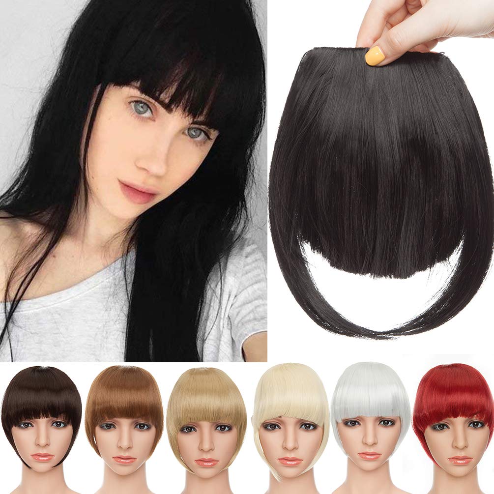 Clip in Hair Bangs Fringe Bangs Hair Extensions Straight Bangs with Temple Hairpieces Accessories Thick Full Neat Front Bangs Hair Piece Black