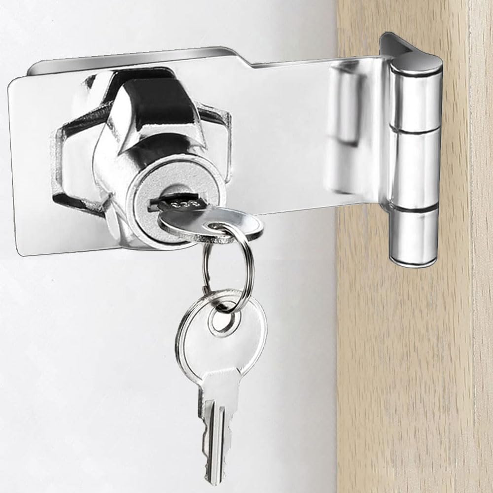 ZiYuya Hasp Lock with Keys, Padlock Shed Lock Gate Latch Door Bolt Lock Hasps Drawer Cupboard Twist Knob Locking Hasp Keyed Locking Closet Latch Bolt Door Lock (Silver Right Angle - 4 Inch)