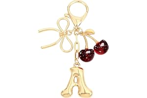 Snycler Bubble Initial Keychain with Bow & Cherry - Gold Letter Bag Charms for Women, Cute Purse Handbag Accessories