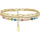 YADUDA Layered Bracelets Dainty Gold Bracelets for Women Chain Link Paperclip with Malachite Colorful Mixed Stones Blue Turquoise Rhodochrosite Adjustable 14K Gold Plated Boho Bracelets for Women