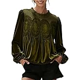 Women's Velvet Lace Tops Elegant Long Sleeve Swing Velour Blouse Casual Crew Neck Mesh Flared Shirt Tops