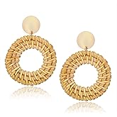 Lightweight Rattan Statement Earrings for Women,Geometric Tassel Woven Boho Earrings Handmade Straw Wicker Braid Hoop Drop Dangle Earrings