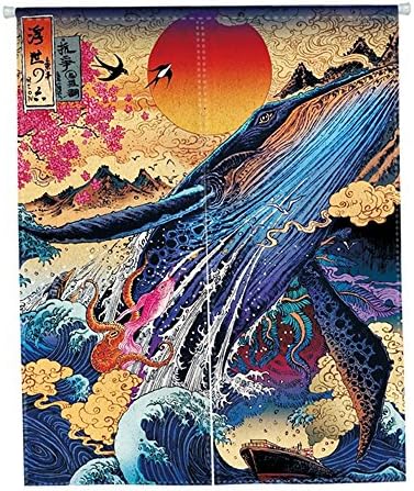 Retractable Japanese Noren Doorway Curtains Tapestry - Ehonestbuy Ukiyoe Style Polyester Fiber Home Door Decoration with Tension Rod (Large - 33 x 55 inchs, Whale)